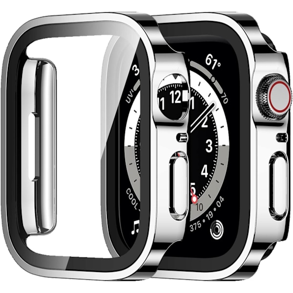 2-pack Apple Watch - fodral 44 mm Serie 6/5/4 med inbyggt skärmskydd, hårt PC-fodral Rak kant Anti-Scratch reptåligt 44 mm (silver)