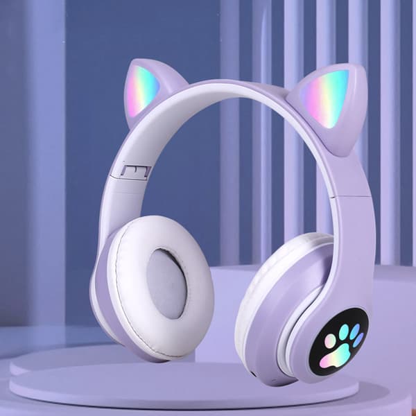 Bluetooth-headset, Barnheadset med kattöron, Vikbar, Med LED-ljus, Lila D