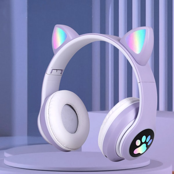 Bluetooth headset, Børneheadset med katteører, Foldbart, Med LED-lys, Lilla D