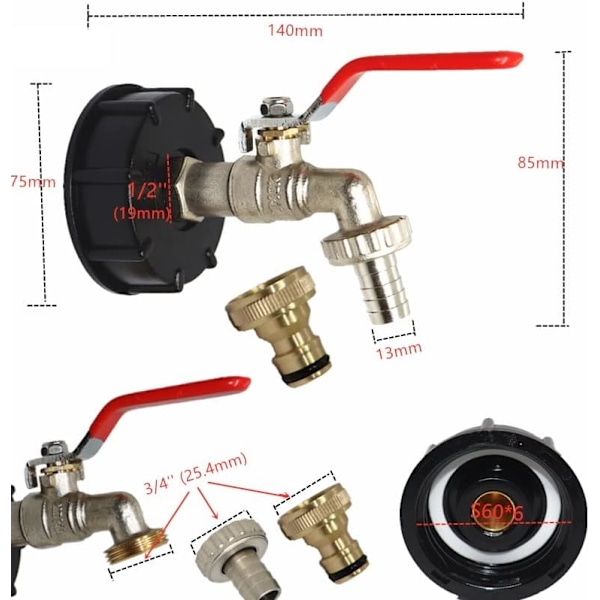 1/2\" IBC-tankkran 1000L Regnvattenoppsamlingskran, IBC-vanntankadapter Dobbel messingkran laget av PP, grov gjenge 60MM (1/2\")