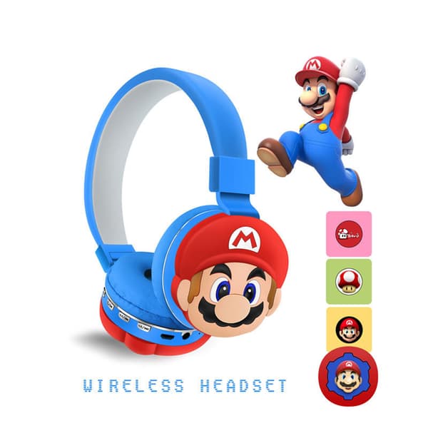 Super Mario Barnhörlurar för Barn Bluetooth Trådlösa Stereo On-Ear Hörlurar Blue