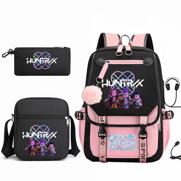 KPop Demon Hunters Studentryggsäck Axelväska Casual Pennfodral Tre-delat Set Black 4
