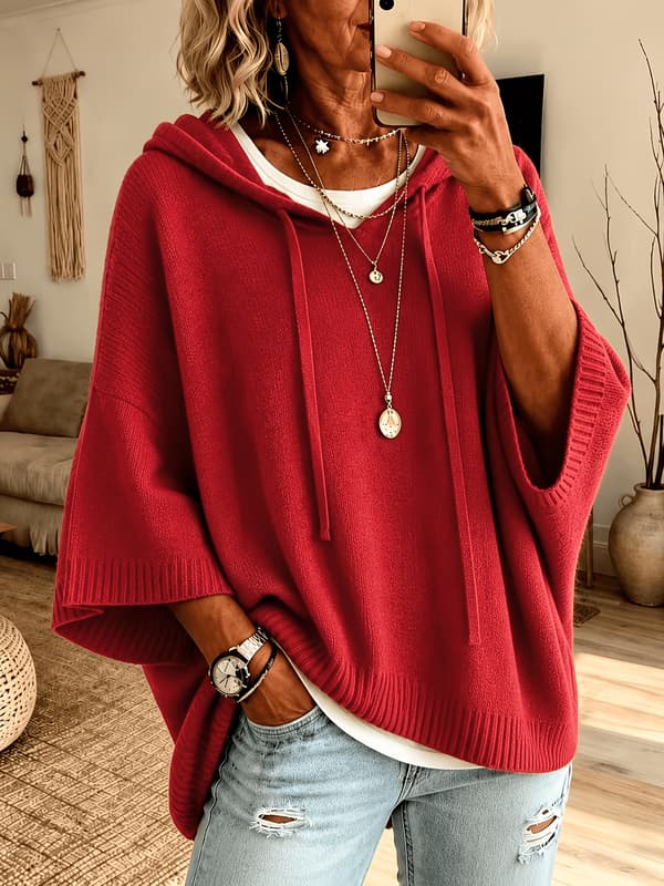 Hettegenser Cardigan for Kvinner, Kort Strikkegenser med Flaggermusermer Red M