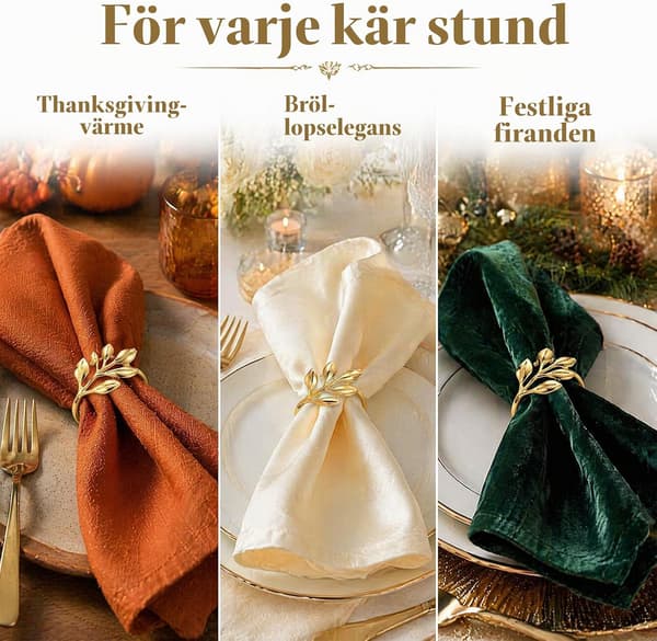 20 stk. guldfarvede servietringe, bladdesign til bryllup og borddekoration