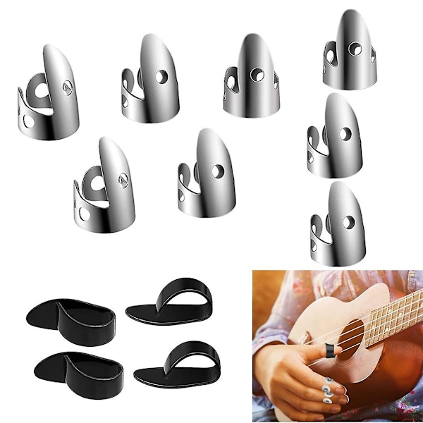 Stål Gitarr Fingerplektrum Set, Inklusive Rostfria Fingerplektrum och Plast Tumplektrum, Justerbart Banjo Fingerplektrum black