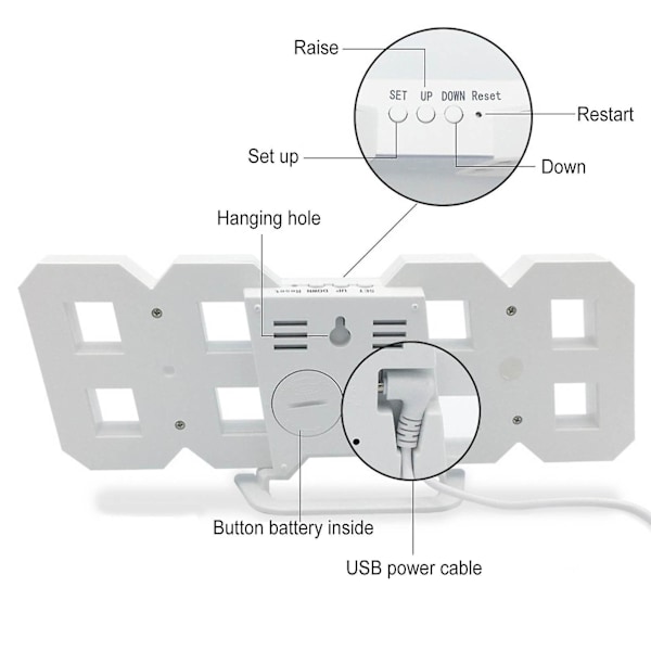 LED Digital Vægur med Glødende Nattilstand Justerbar Elektronisk Bordur Vægur Dekoration Stue LED Ur [dB] White