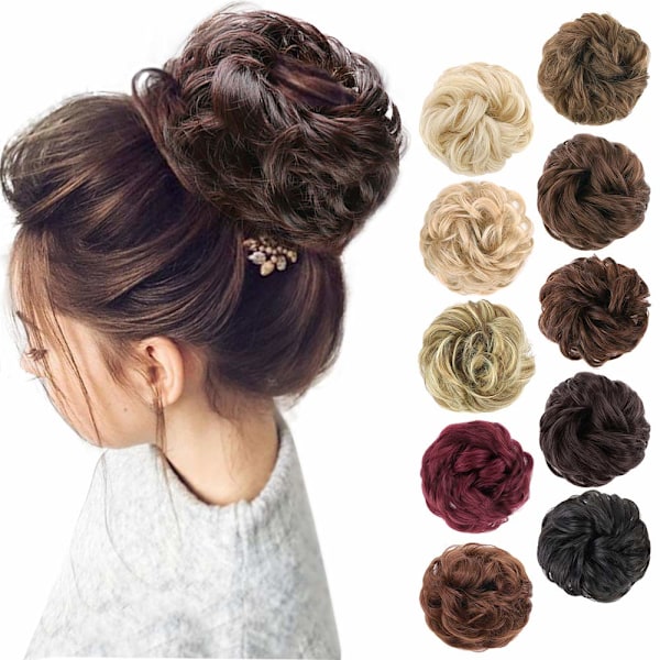 1 stk Messy Bun Hårflette Scrunchies Extension Krøllete Bølget Messy Syntetisk Chignon for Kvinner Updo Hårflette Darkest Brown & Dark Auburn Mixed