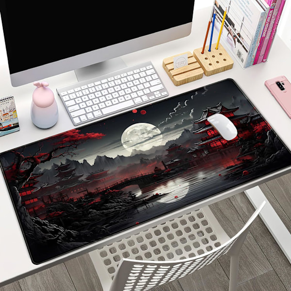 Japansk Skrivebordsmåtte Fuld Måne Skrivebordsunderlag Sort Rød 80 x 40 cm Musemåtte Gaming Musemåtte Udvidet Tastaturmåtte Laptop Com