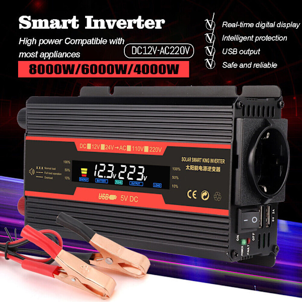 Spændingsomformer 6000/8000W 12V-230V Inverter med 2 USB EU; ren sinus 2 USB spændingsomformer 8000W/4000W inverter 12V 231V inverter