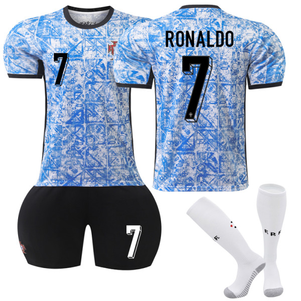 UEFA EM 2024 Portugal Bortalag Barn Fotbollströja nr 7 Cristiano Ronaldo Adult XS