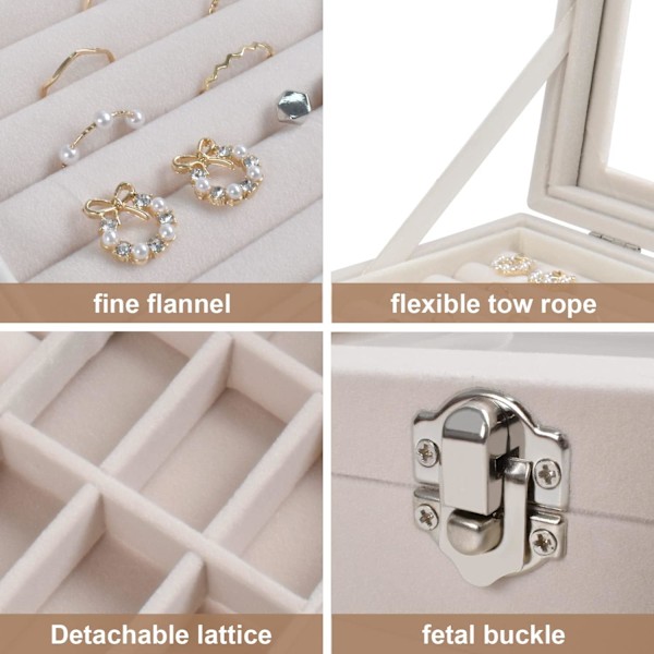 Smyckeskrin med glaslock, smyckeskrin med 9 fack, rese-smyckeskrin i sammet för halsband, örhängen, ringar, transparent smyckesförvaringslåda, beige (FQ)