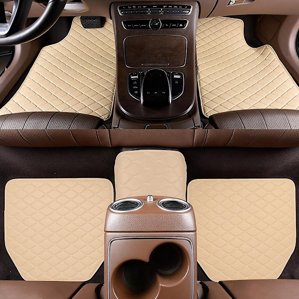 5 kpl Auton lattiamatot, Universaalit vedenpitävät etu- ja takaistuimen lattiamatot, PU-nahkaiset auton sisätarvikkeet - WELLNGS Black And Beige