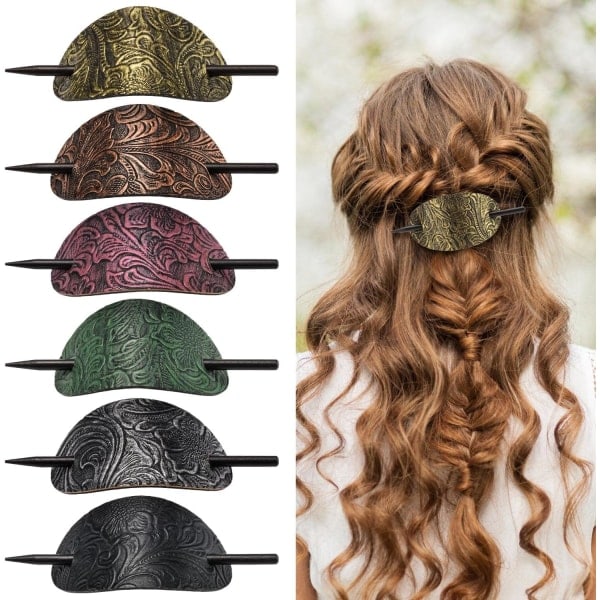 6 stk. Hårklemmer med pind, oval hårklemme i kunstlæder, hestehaleholder, boheme-stil hårtilbehør