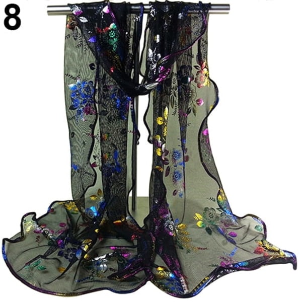 Dammode blomstertryck tyll scarf svart lång sjal