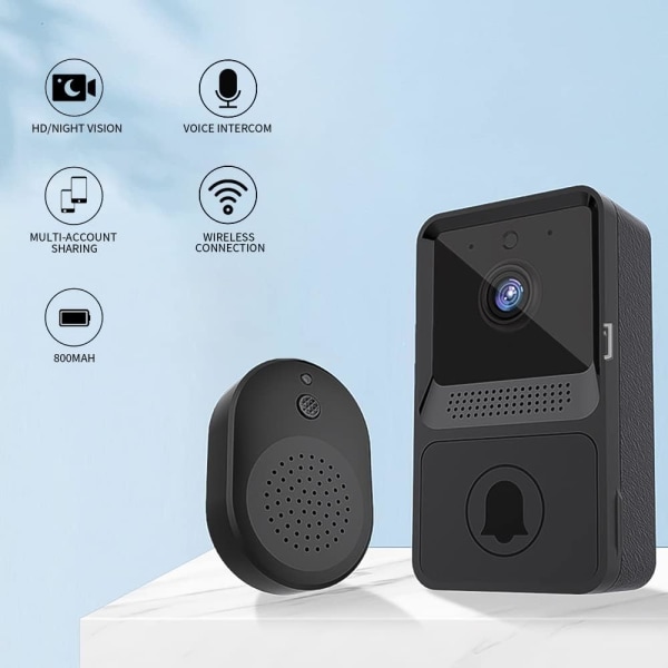Trådlös videodörrklocka, smart Wi-Fi-videodörrklocka med ringklocka, dörrklocksats med HD-video, 2,4G WiFi (svart)