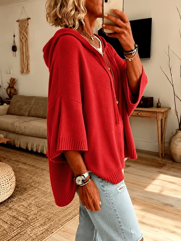 Hettegenser Cardigan for Kvinner, Kort Strikkegenser med Flaggermusermer Red M