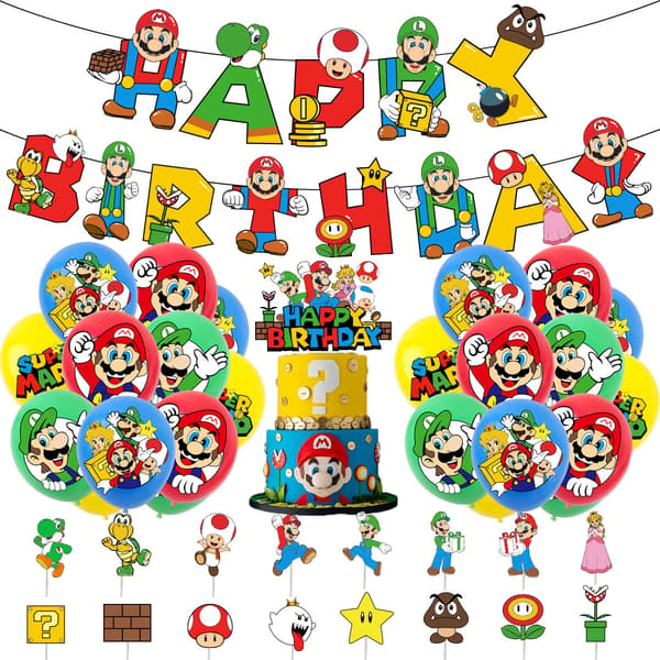 Super Mario-tema bursdagsfestdekorasjonssett: Ballonger og bannerkombinasjon