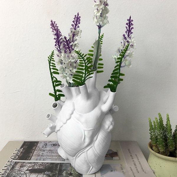 Hjerteformet blomsterpotte i resin, anatomisk hjerteformet statue, kreativt håndværksornament til hjemmet, stue, balkon dekoration, hvid