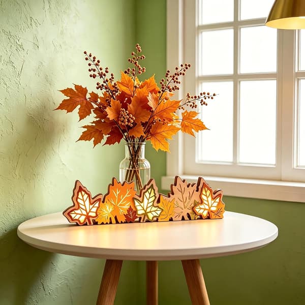 Høstløvdekorasjon i tre med LED-lys og timer, varmt glødende lønnebladdekor til høst og Thanksgiving