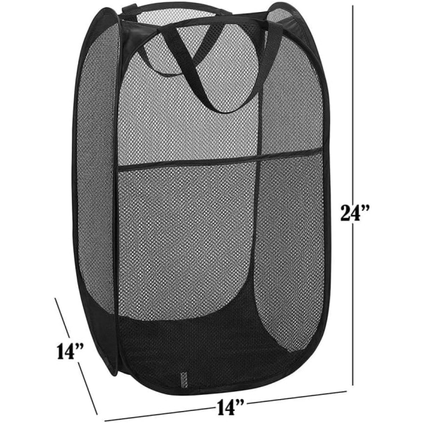 75L Deluxe starkt nät pop-up tvättkorg med sidoficka för tvättstuga, badrum, barnrum, studenthem eller resor (2 st svart)