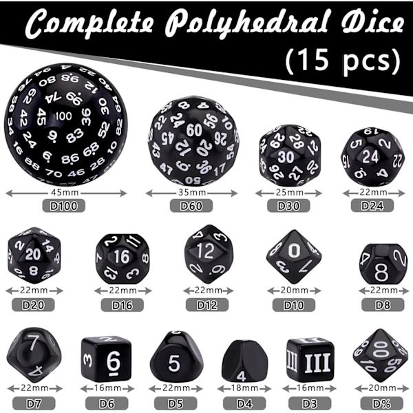 15-sidet terningesæt, sort og hvid, Polyhedral terningesæt f(FQ)