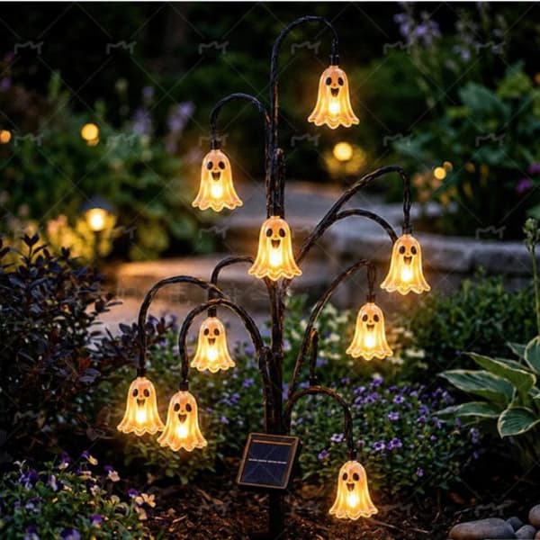 Halloween Solar Træstubslampe, Harpiks Spøgelse Græskar Kranie Kat Udendørs Dekoration Skull