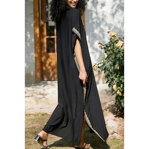 YouKD Kaftan med blomsterbroderi, bohemisk strandklänning, bikiniöverdrag, lång strandkaftan för kvinnor
