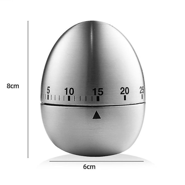 Eggformet mekanisk kjøkkenur i rustfritt stål, 60 minutters klokkealarm, teller opp
