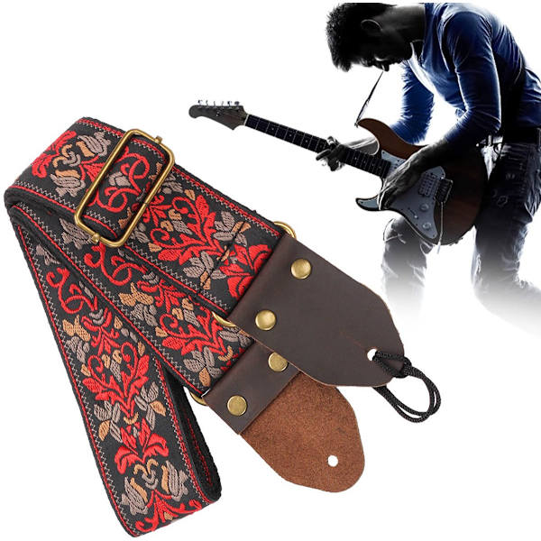 Gitarrrem med broderi - Jacquardvävd justerbar rem - 5 cm bred gitarrbälte för elakustisk bas
