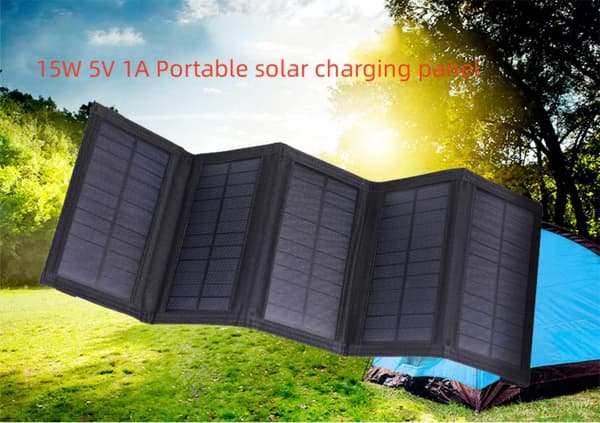 Foldbart solpanel 15W 5V USB Bærbar oplader med 5 paneler til powerbank, telefon, tablet, udendørs camping, vandreture, rejser, sort