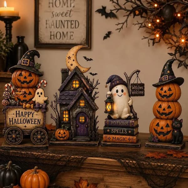 Spøkelseshusfigur i tre, Halloween Spøkelse Gresskar Borddekorasjon, 15cm Two-piece set 4 15cm/1.6cm