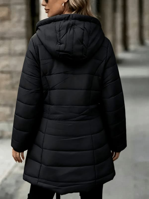 Vinterfrakk for kvinner, mellomlang, fôret med fleece, med hette - Førsteklasses lett, varmt motedesign, konturpassform for bypendling eller utendørs fritid S Svart