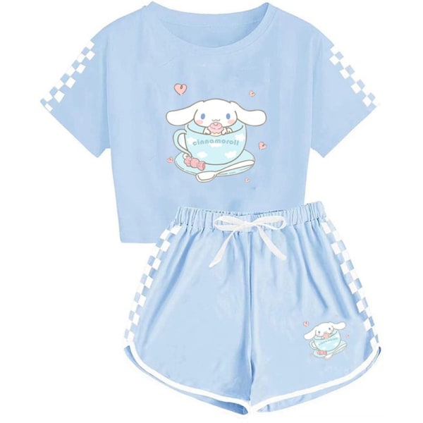 Barnflickor tecknad Cinnamoroll tryck kortärmad T-shirt + shorts pyjamas set Light blue 130cm