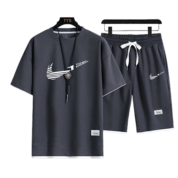 Herr Sommar Casual Kortärmad Loungewear Träningsoverall T-shirts Shorts Aktivkläder Jogging Sportkläder Nikes Outfits Dark Grey-White 3XL