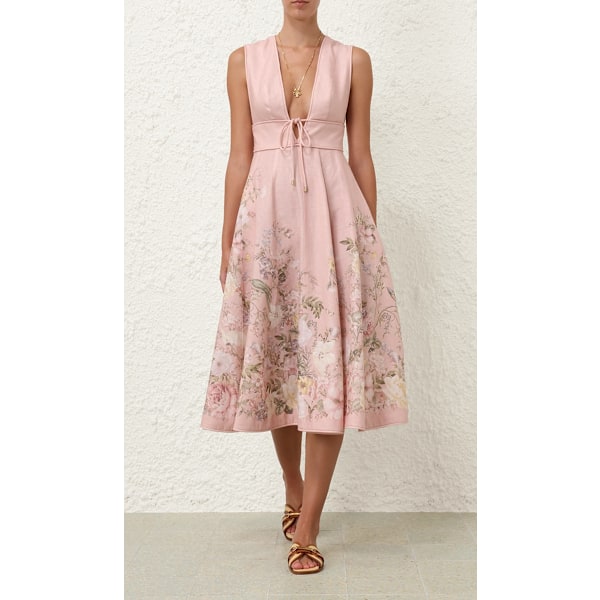 Dame V-hals Boho Blomstret Ærmeløs Midi Kjole Strand Sommer Ferie Sommerkjole Pink XL