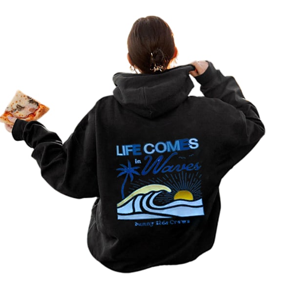 Dam Fashion Lös Casual Sweatshirt Hoodie Långärmad Pullover Topp Black 2XL
