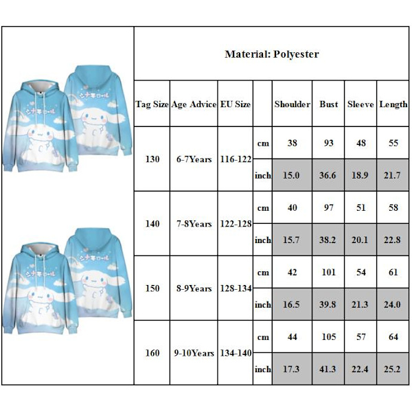 Barnflicka 3D Cinnamoroll Hoodies Sweatshirt Långärmad Pullover Casual Toppar 130cm