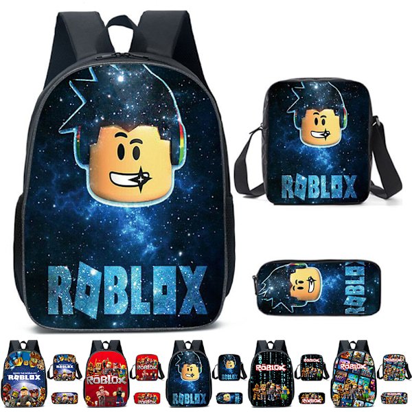 3 stk./sæt Roblox Tegneserie Rygsæk Børn Drenge Piger Skoletaske Crossbody Taske Penalhus E