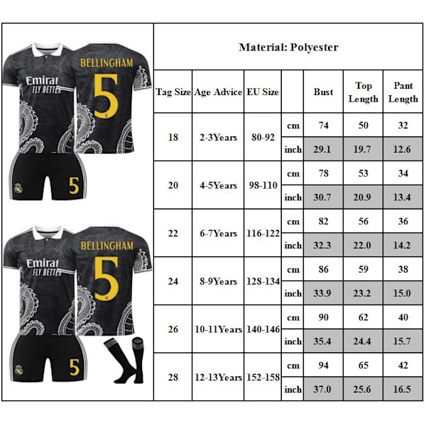 #5 Bellingham Fotbollströja Set T-shirt Shorts Strumpor Jersey för Barn Pojkar Småbarn 22