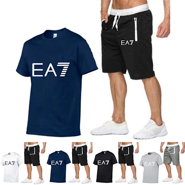 Sommar Herr T-shirt Shorts Set EA7 Sports Kortärmad Shorts Casual Tee Toppar D XL