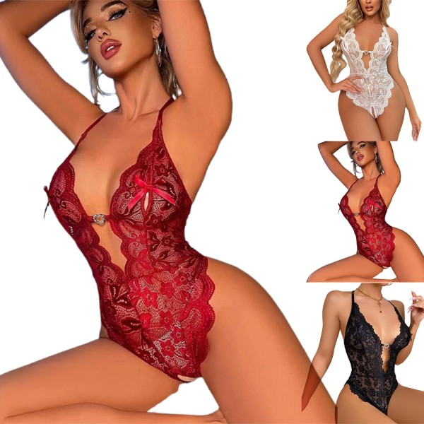 Dam Sexiga Nattkläder Blommig V-ringad Body Glamour Underkläder Wine Red 2XL