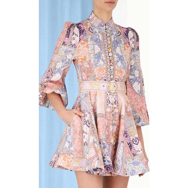 Dame Printet Knap Mini A-Linje Kjole 3/4 Ærme Ferie Sommer Fest Sommerkjole XL