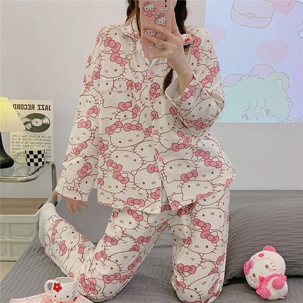 Kvinnors tecknade pyjamas set nattkläder långärmad skjorta byxor L