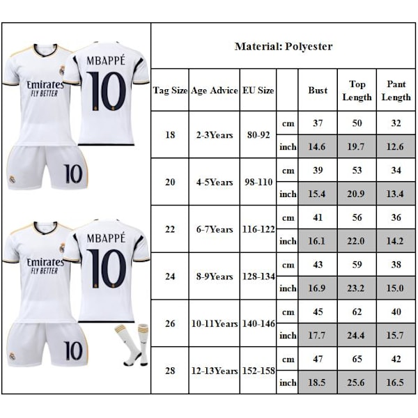 Fotbollströja för Barn, 23-24 Real Madrid Fotboll Nr 10 Mbappé Träningsuniform 22