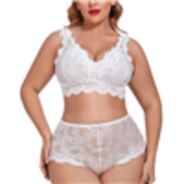 Sexiga Nattkläder för kvinnor Spets Floarl Öppen Trosa & BH Oversize Set White 4XL