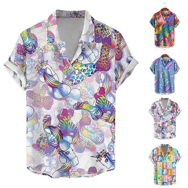 Herrar Knapp-Down Skjortor Roliga Tryckta Hawaiiska Strand Toppar D 2XL