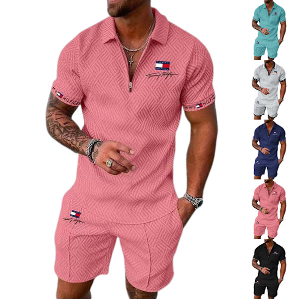 TomyHilfiger Herr Casual Set Sportkläder Gym Set Mode Casual Kortärmad T-shirt Shorts Set Pink S