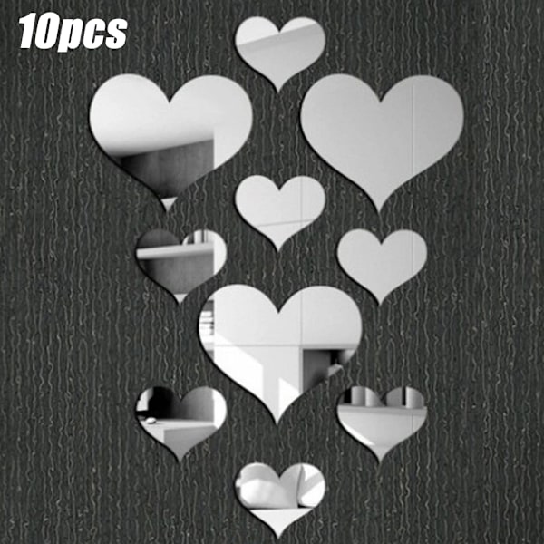 10 kpl Sydän Akryyli 3D Peili Seinätarra Irrotettava silver 10PCS