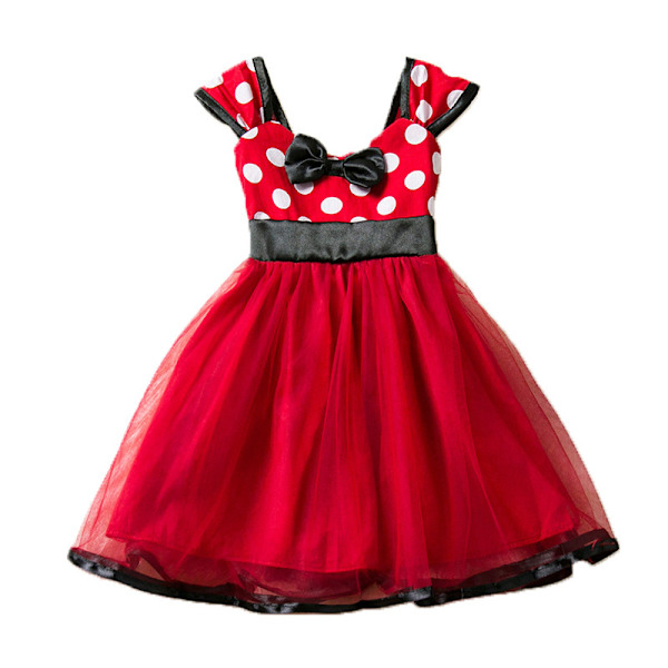 Barnflickors rosett prickig ärmlös lång prinsessklänning red 80cm