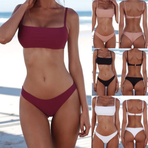 Dambadkläder Sexiga solid omlottbikini & kalsonger kostym Beach Summer wine red S